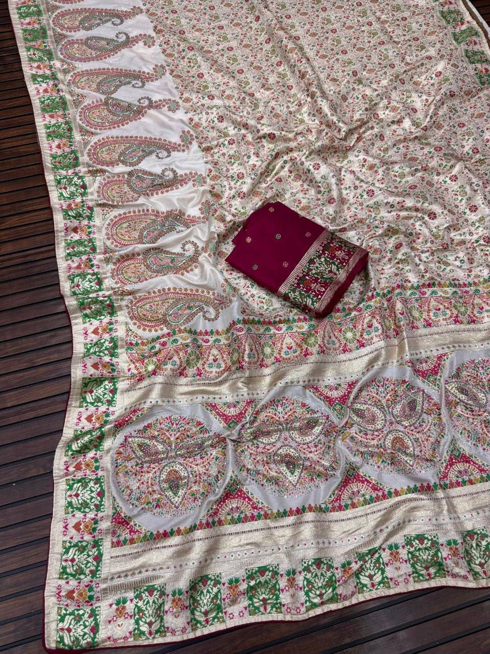 Royal Pure Pashmina Silk Kashmiri Weaving Saree - WHITE