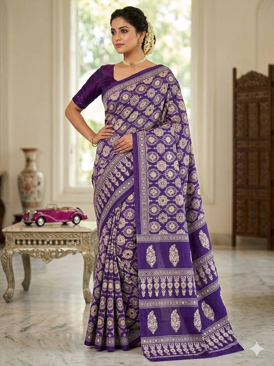 Royal  Banarasi Style Woven Saree with Traditional Motifs -  PURPLE