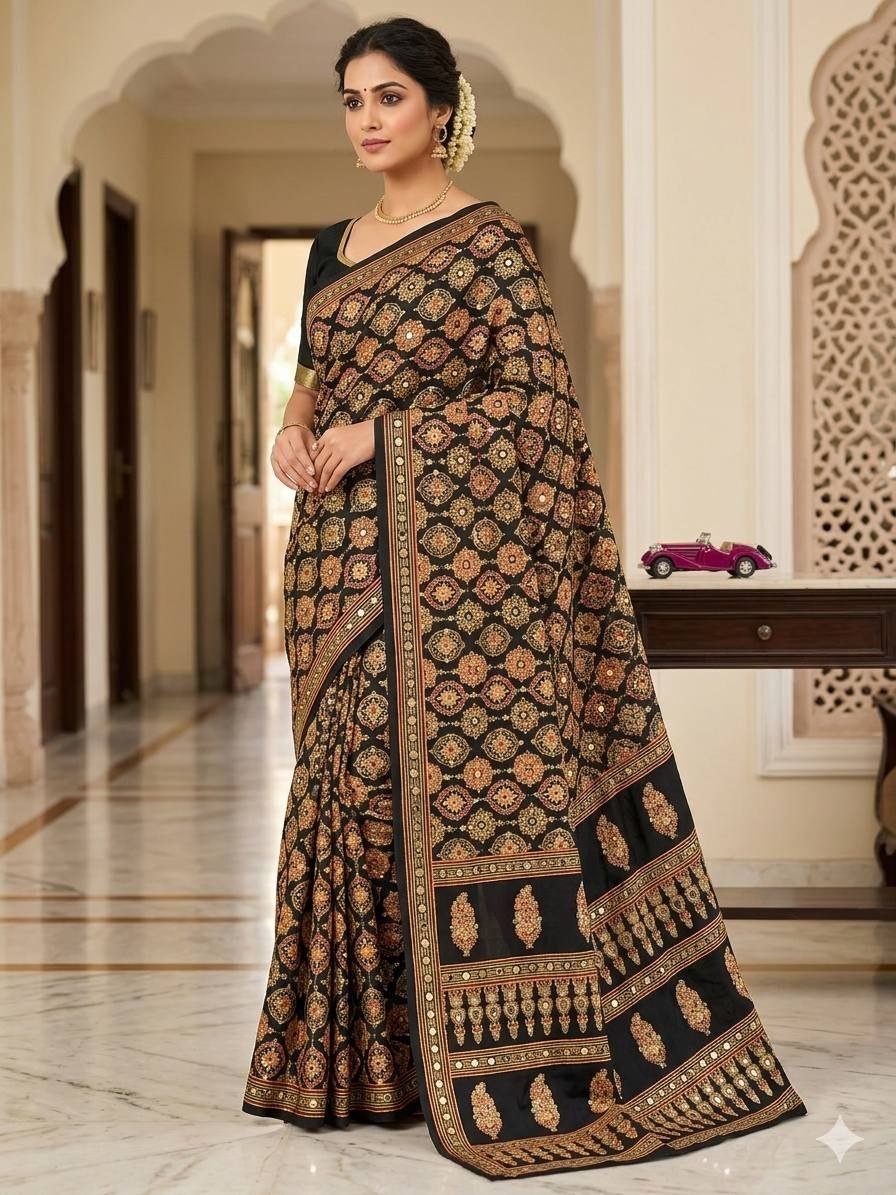 Royal  Banarasi Style Woven Saree with Traditional Motifs -  BLACK