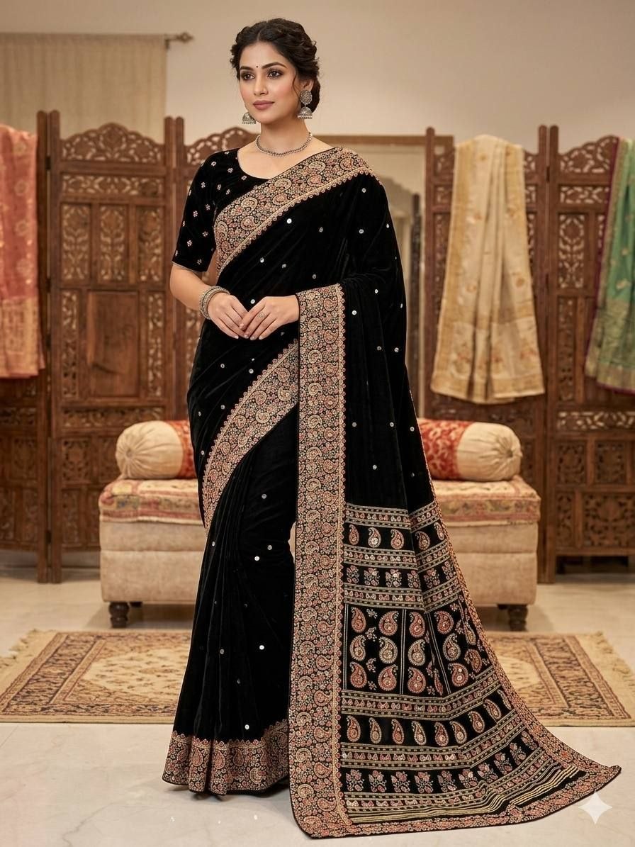 Elegant Black Velvet Embroidered Saree with Designer Border