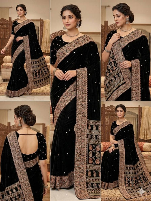 Elegant Black Velvet Embroidered Saree with Designer Border