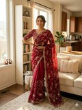 Elegant Sequins Embroidered Frendy Chiffon Saree with Mono Banglori Blouse – RED