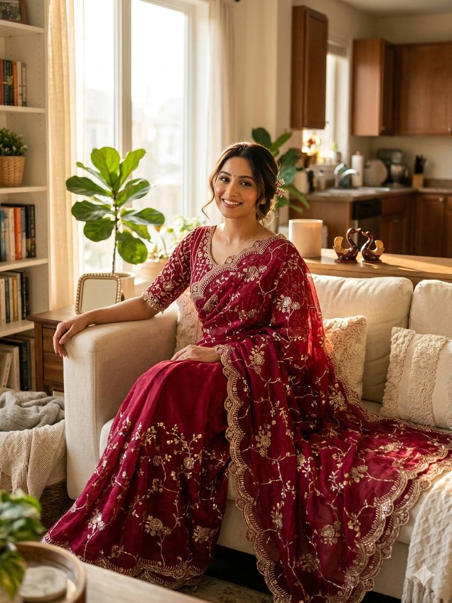 Elegant Sequins Embroidered Frendy Chiffon Saree with Mono Banglori Blouse – RED
