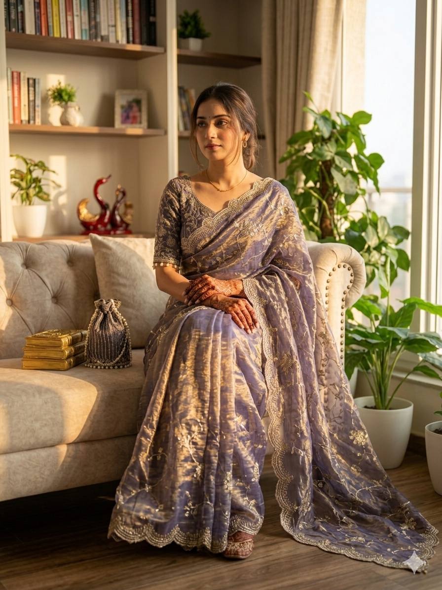 Elegant Sequins Embroidered Frendy Chiffon Saree with Mono Banglori Blouse – GREY