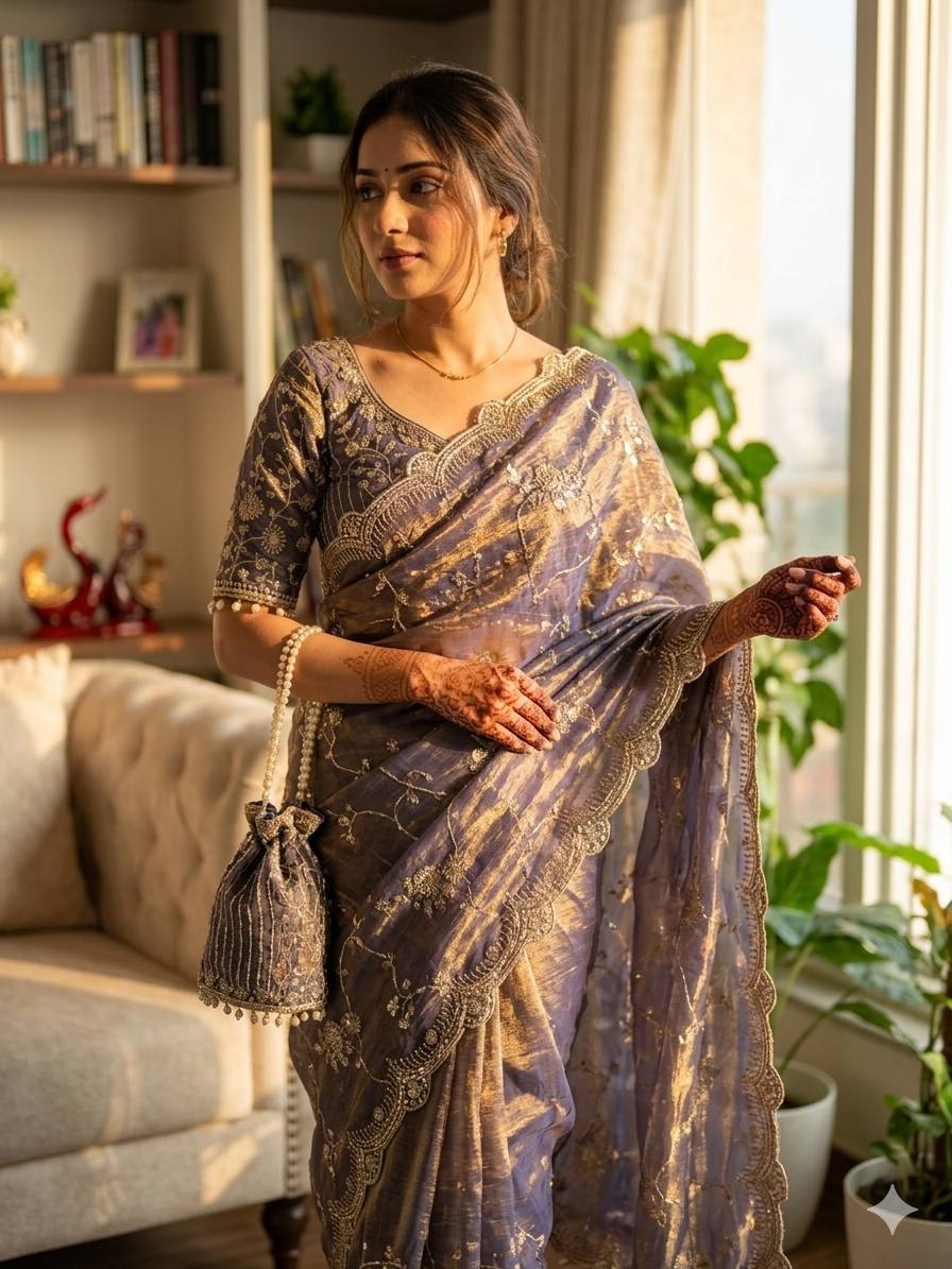 Elegant Sequins Embroidered Frendy Chiffon Saree with Mono Banglori Blouse – GREY