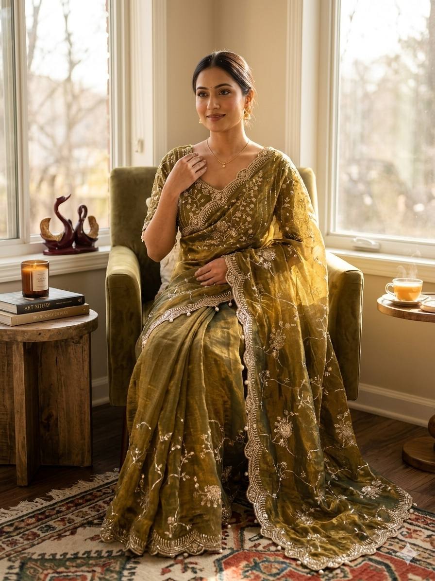 Elegant Sequins Embroidered Frendy Chiffon Saree with Mono Banglori Blouse – MAHENDI