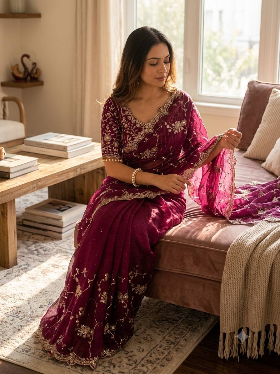 Elegant Sequins Embroidered Frendy Chiffon Saree with Mono Banglori Blouse – WINE