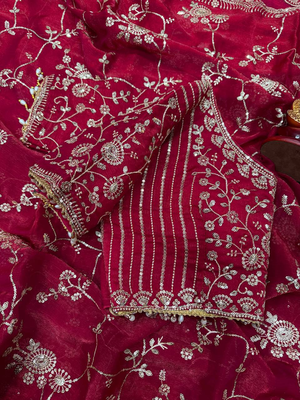 Elegant Sequins Embroidered Frendy Chiffon Saree with Mono Banglori Blouse – RED
