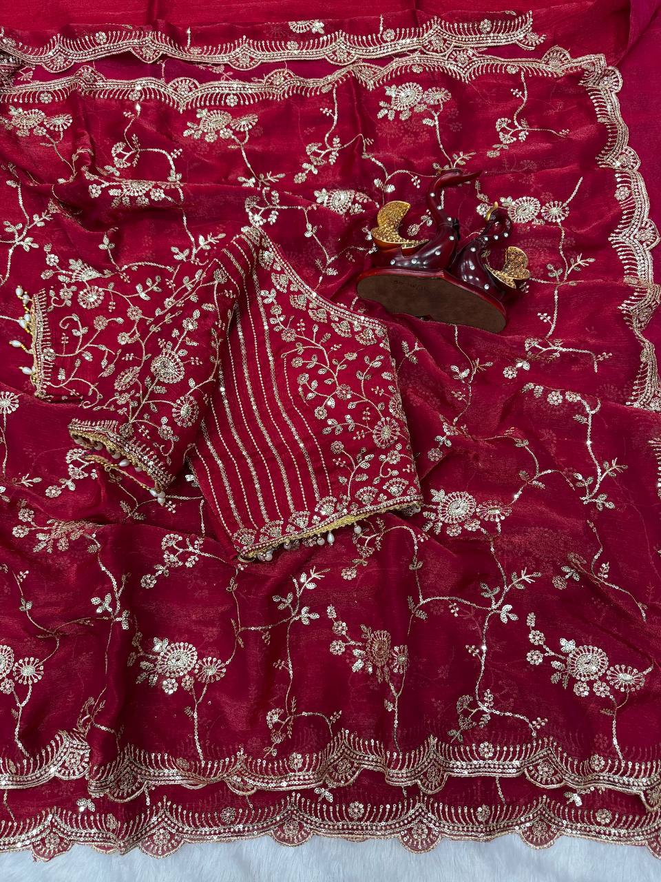 Elegant Sequins Embroidered Frendy Chiffon Saree with Mono Banglori Blouse – RED