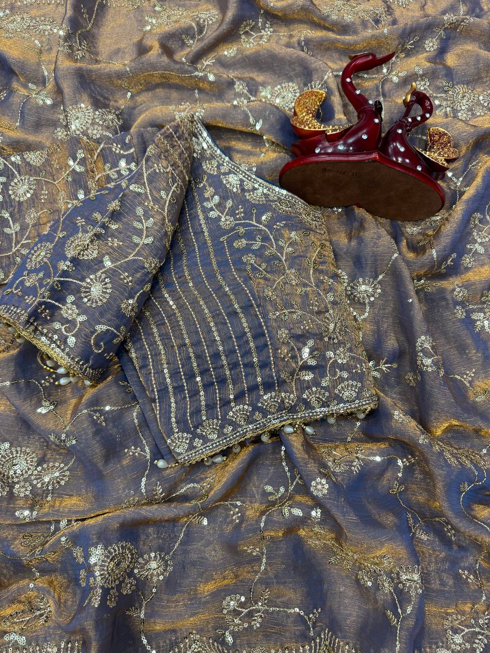 Elegant Sequins Embroidered Frendy Chiffon Saree with Mono Banglori Blouse – GREY