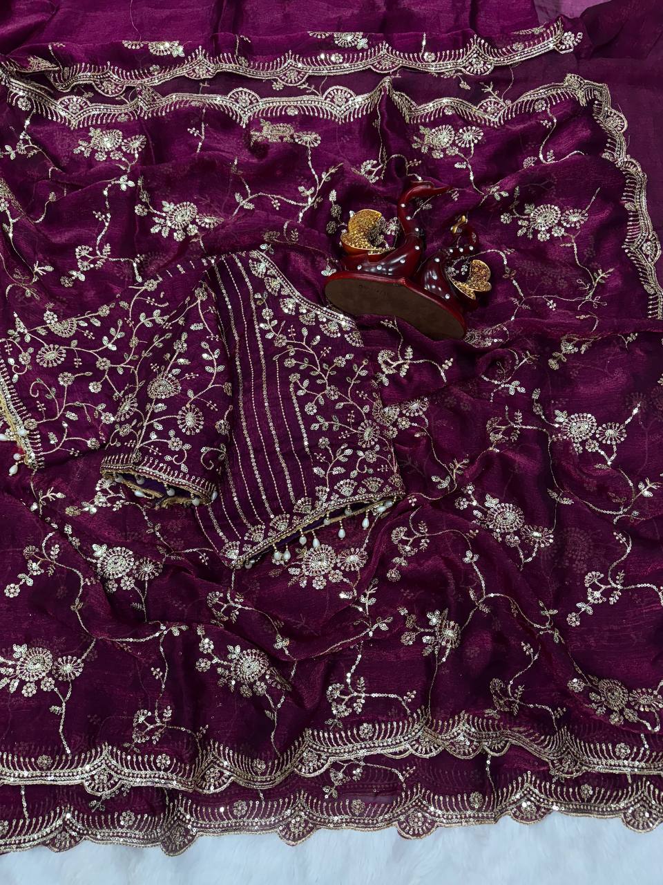 Elegant Sequins Embroidered Frendy Chiffon Saree with Mono Banglori Blouse – WINE