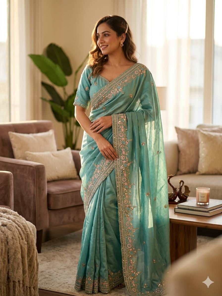 Designer Sequins Embroidered Soft Vichitra Saree with Heavy Blouse – Elegant Party Wear