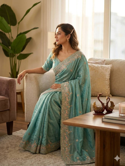 Designer Sequins Embroidered Soft Vichitra Saree with Heavy Blouse – Elegant Party Wear