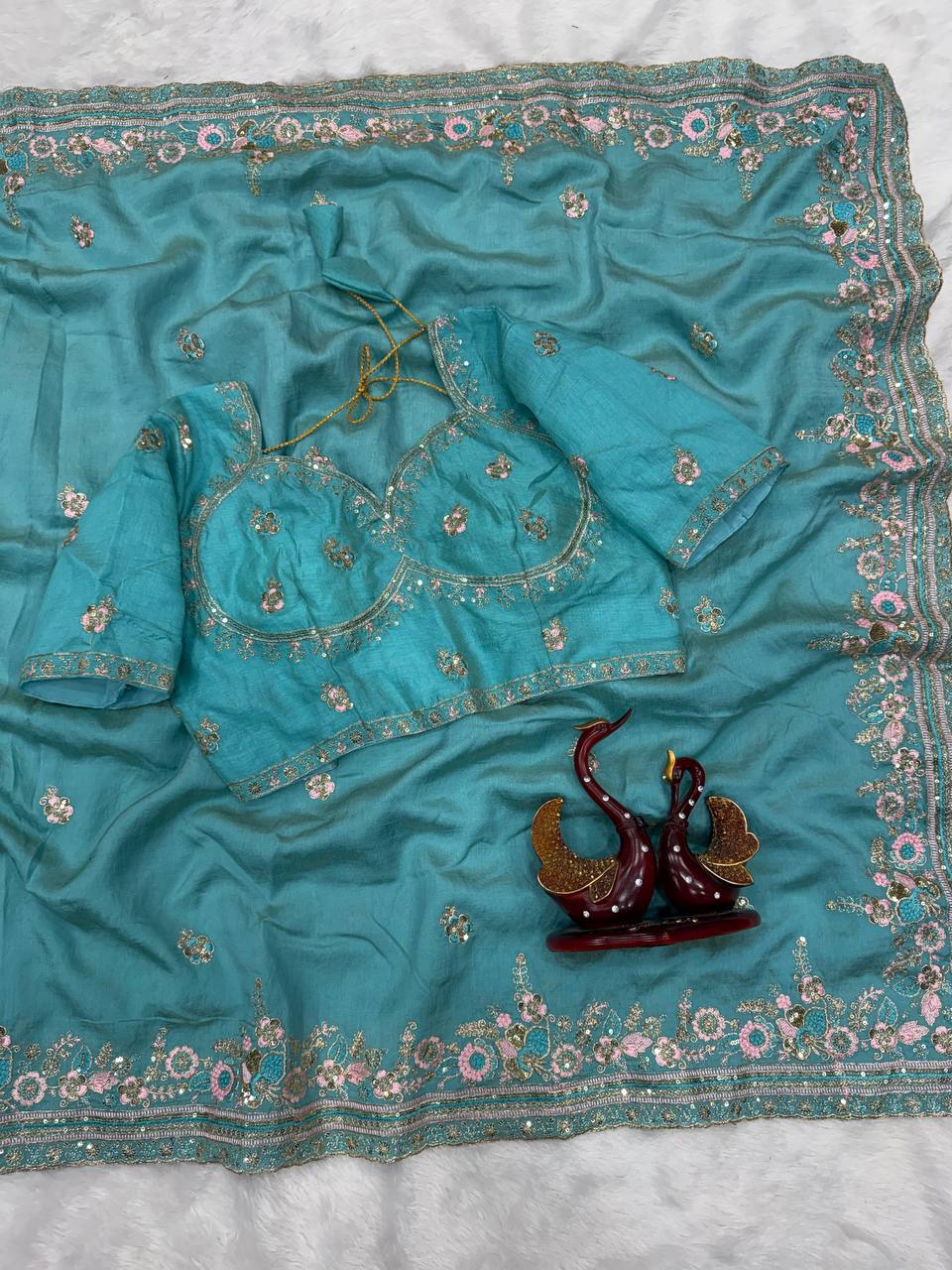 Designer Sequins Embroidered Soft Vichitra Saree with Heavy Blouse – Elegant Party Wear