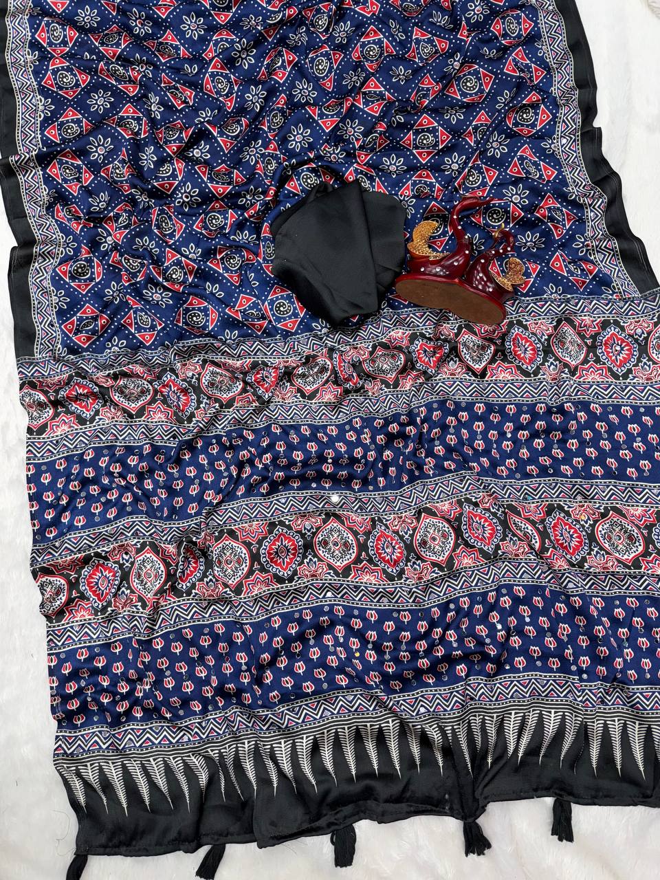 Aarohi ajrakh Satin Saree- BLUE
