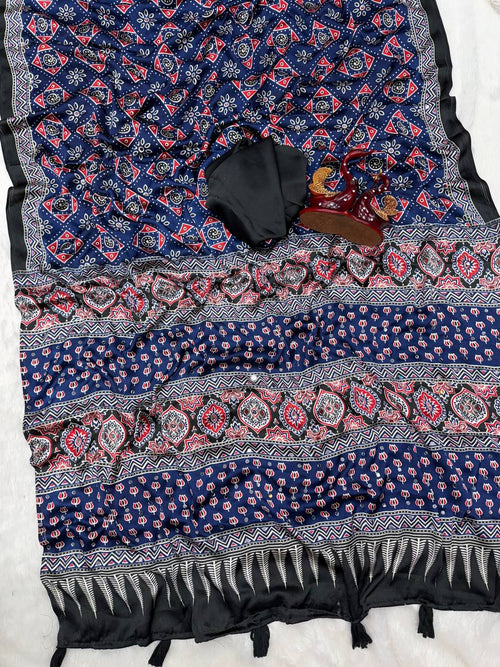 Aarohi ajrakh Satin Saree- BLUE