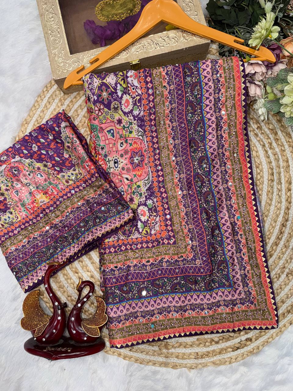 Ruhika Mirror Soft Chinnon with beautiful print saree - PURPLE