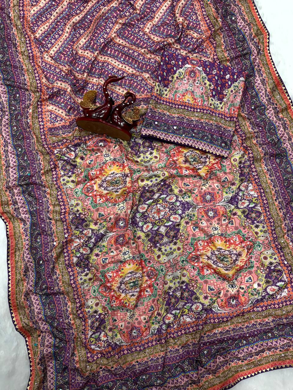 Ruhika Mirror Soft Chinnon with beautiful print saree - PURPLE