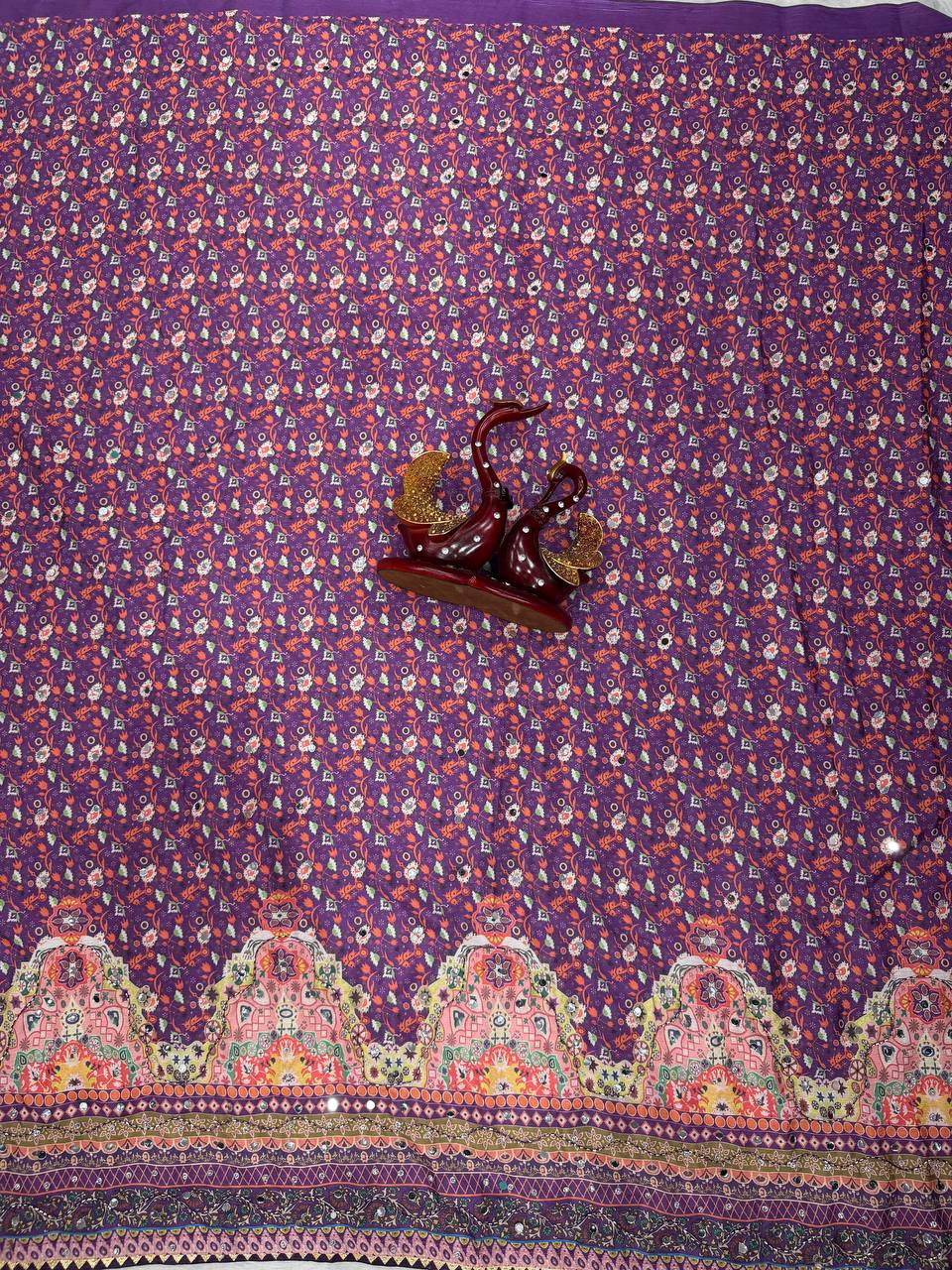 Ruhika Mirror Soft Chinnon with beautiful print saree - PURPLE