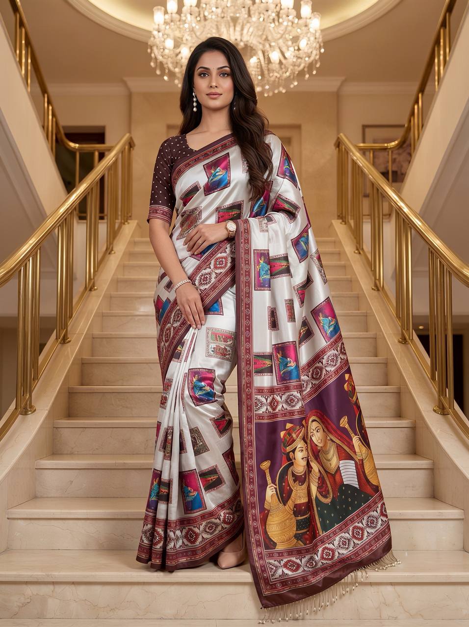 Heritage Dancer – Statement Art Print Saree - WINE