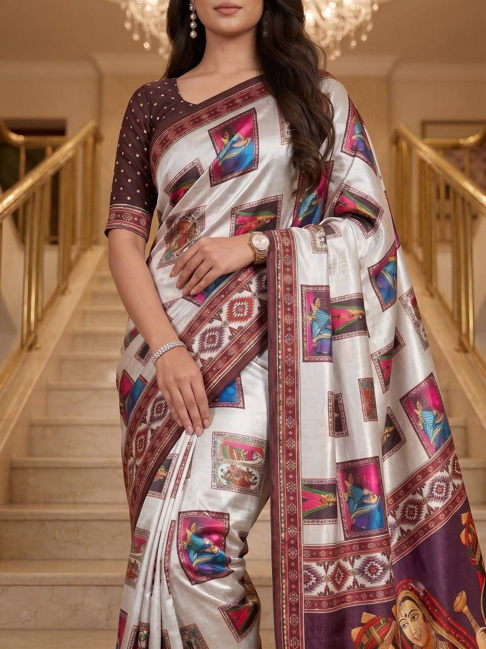 Heritage Dancer – Statement Art Print Saree - WINE