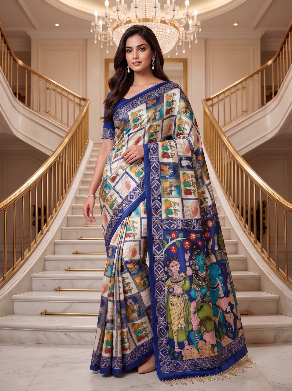 Heritage Dancer – Statement Art Print Saree -BLUE