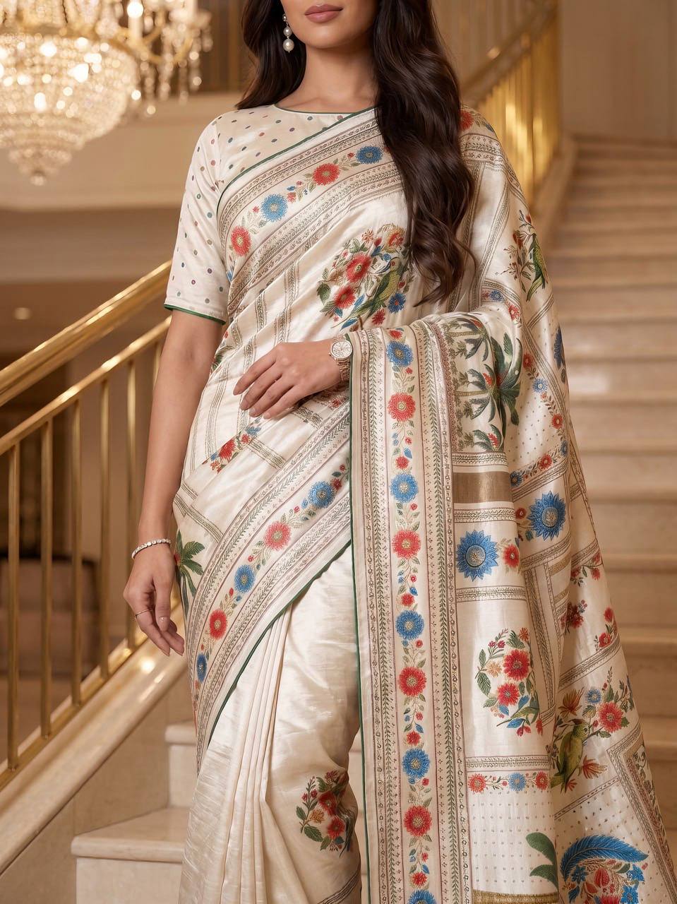 Heritage Dancer – Statement Art Print Saree - WHITE