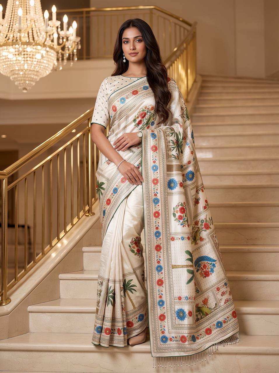Heritage Dancer – Statement Art Print Saree - WHITE