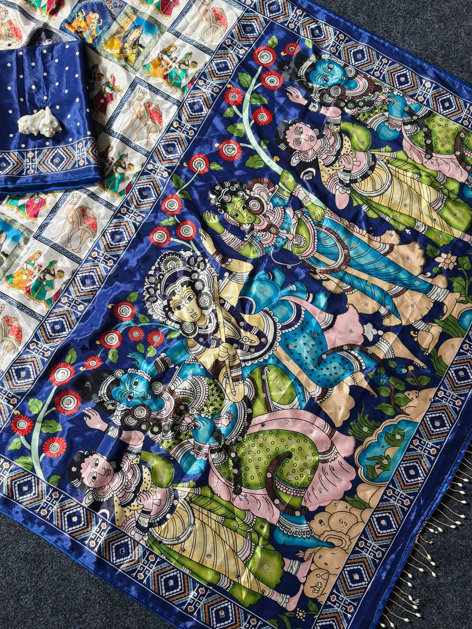 Heritage Dancer – Statement Art Print Saree -BLUE