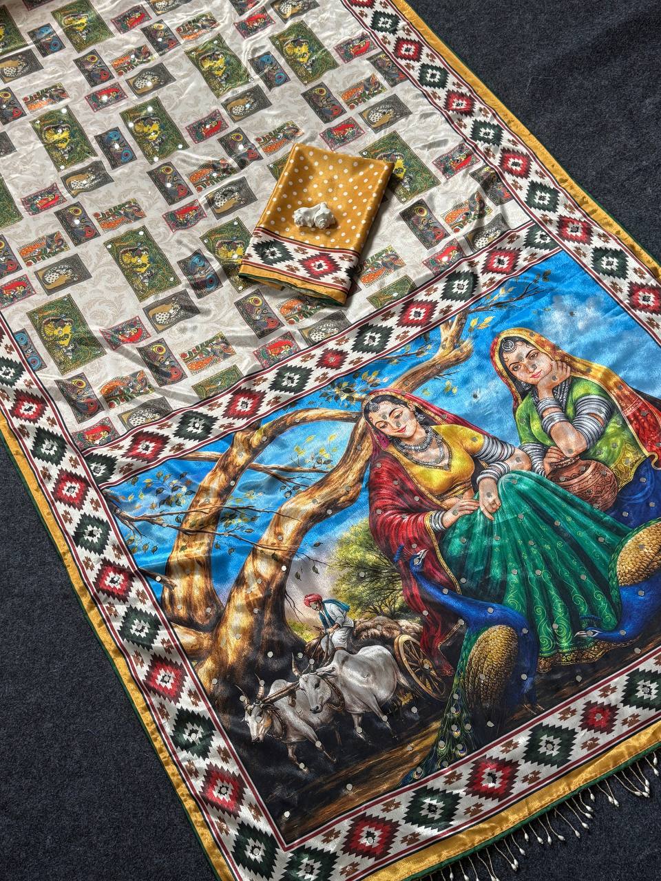 Heritage Dancer – Statement Art Print Saree -YELLOW