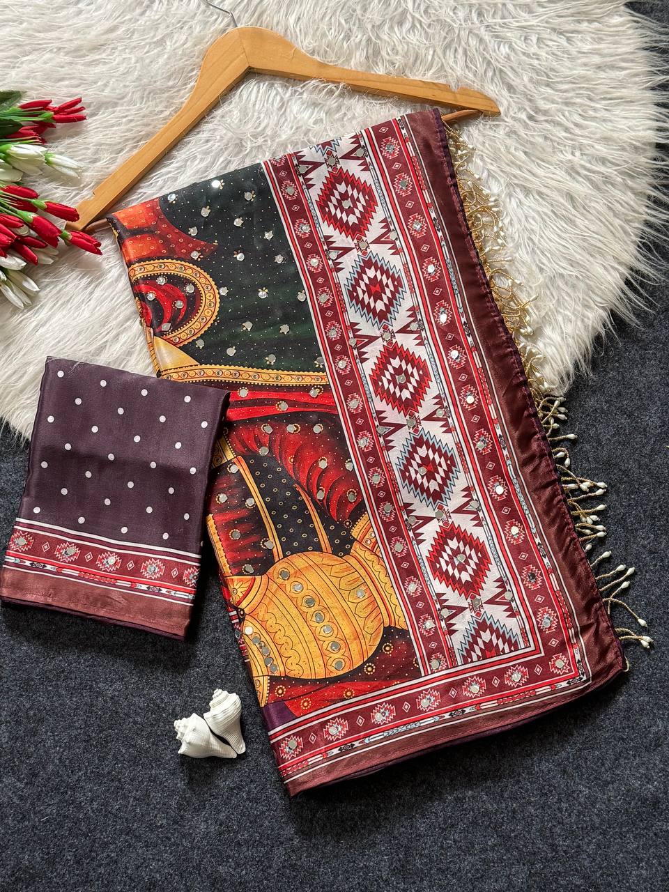 Heritage Dancer – Statement Art Print Saree - WINE