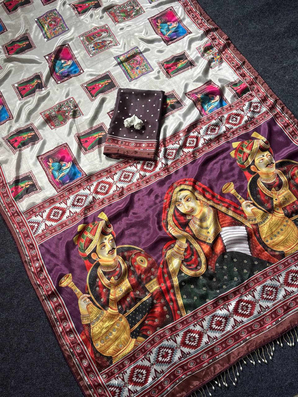 Heritage Dancer – Statement Art Print Saree - WINE