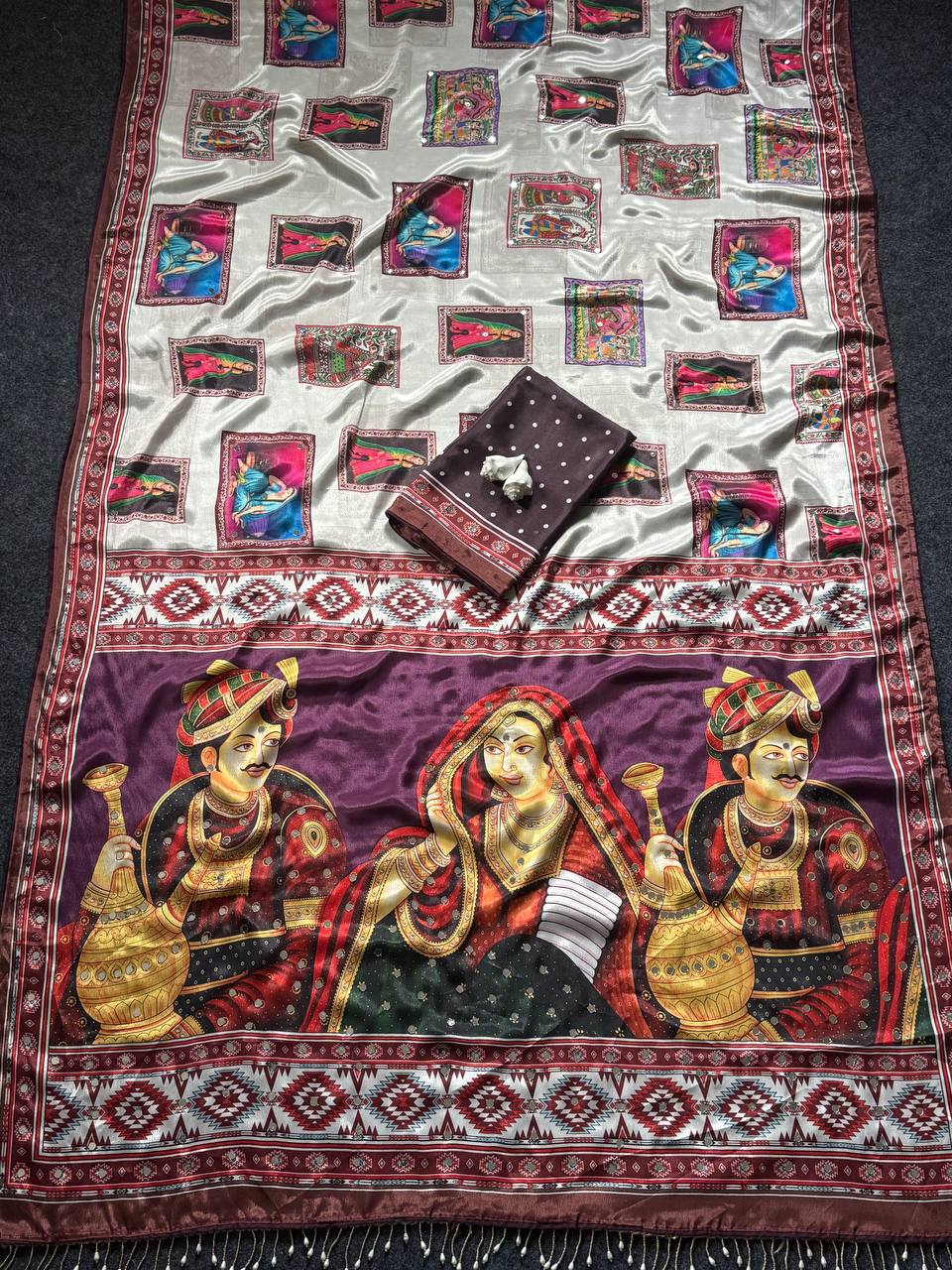 Heritage Dancer – Statement Art Print Saree - WINE