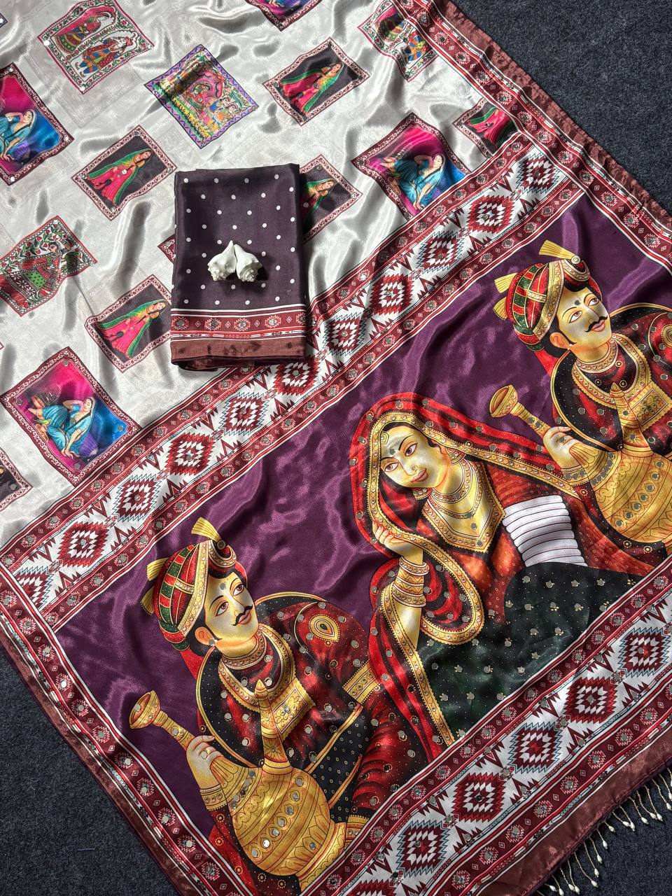 Heritage Dancer – Statement Art Print Saree - WINE