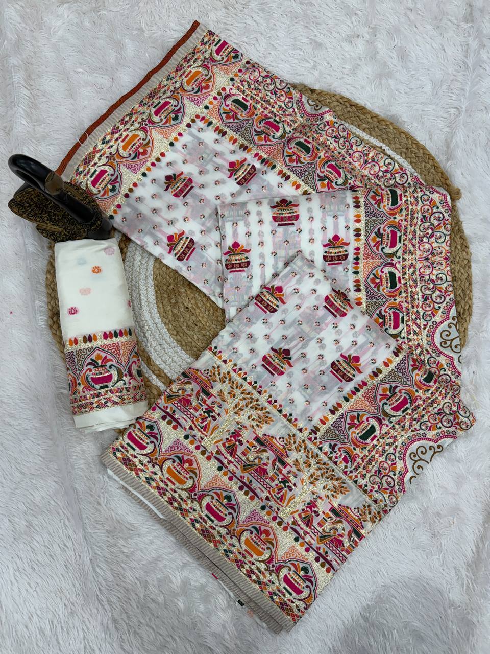 Premium White Embroidered Festive saree with Colorful Traditional Motifs & Detailed Border Work