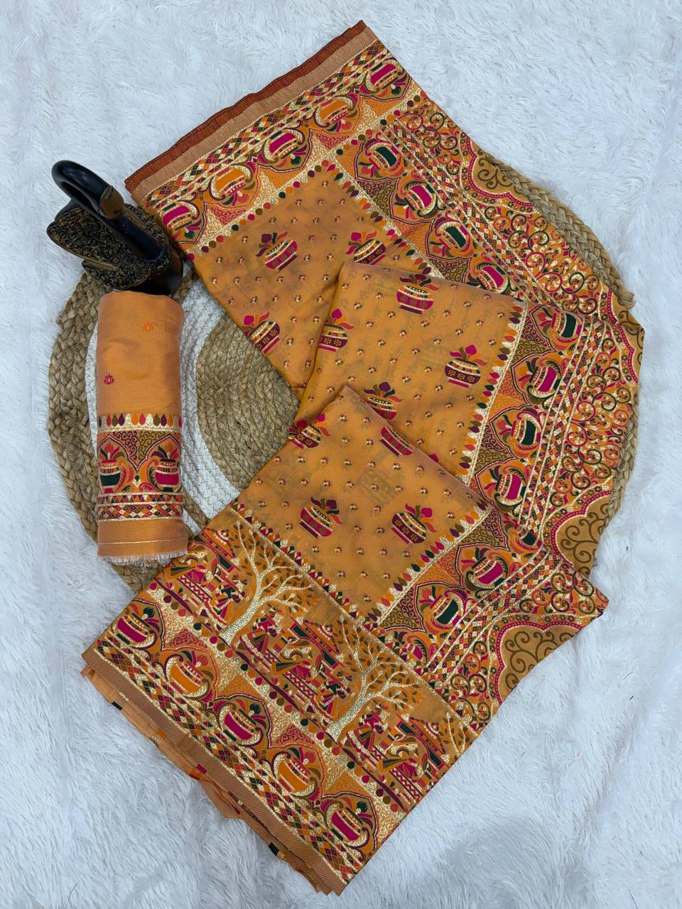 Premium Yellow Embroidered Festive saree with Colorful Traditional Motifs & Detailed Border Work