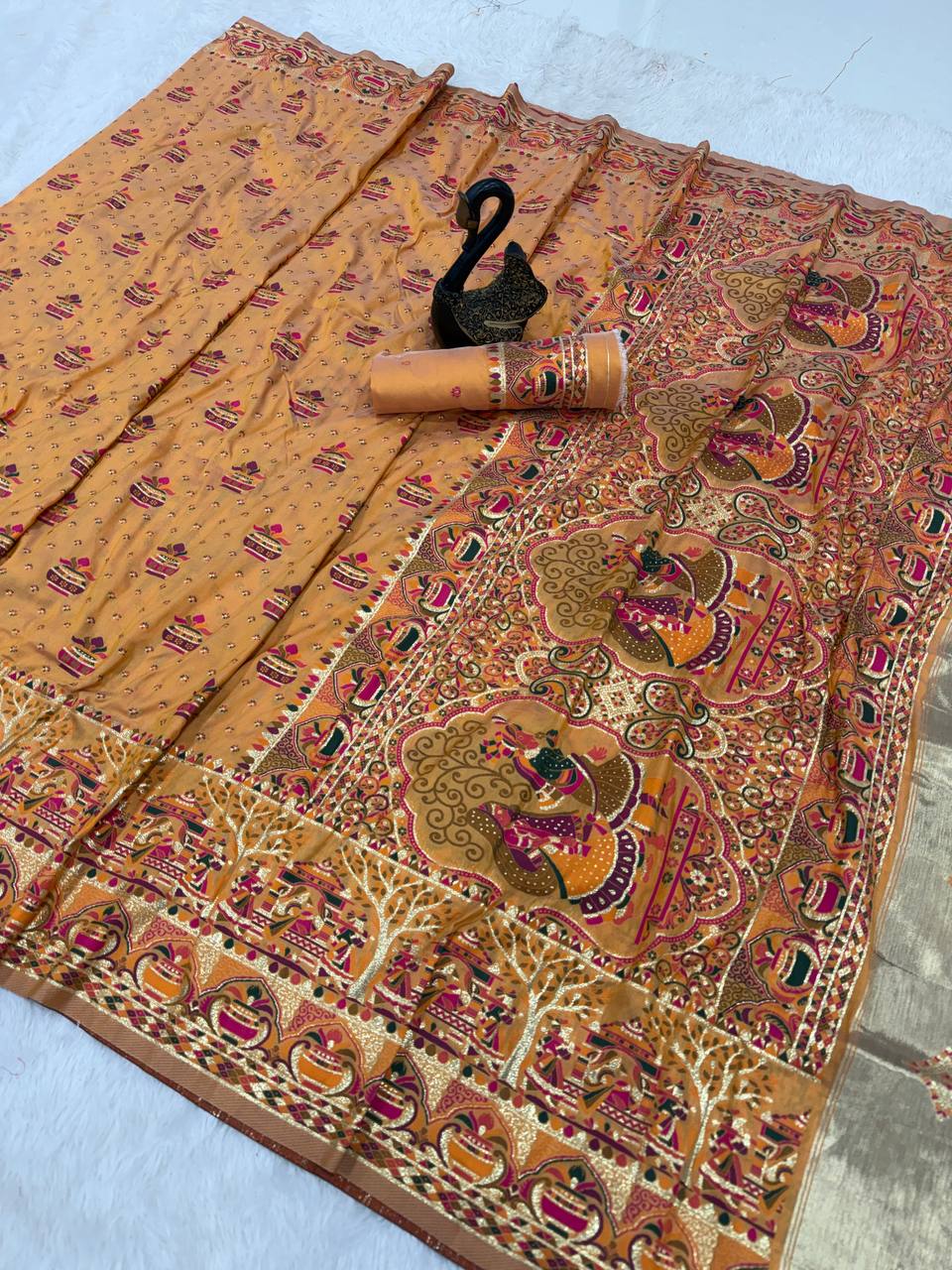 Premium Yellow Embroidered Festive saree with Colorful Traditional Motifs & Detailed Border Work