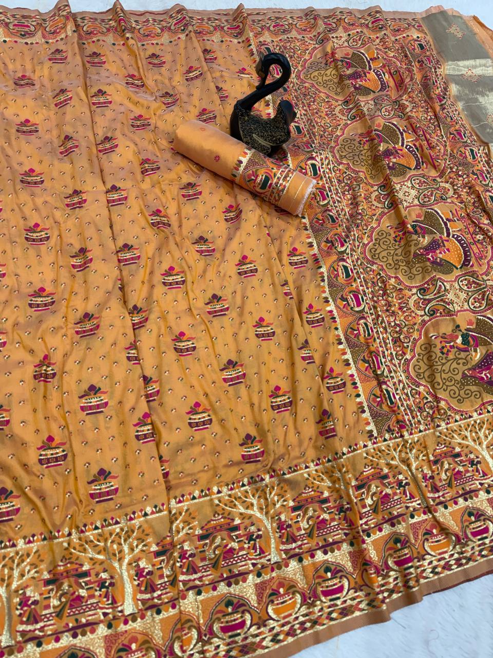 Premium Yellow Embroidered Festive saree with Colorful Traditional Motifs & Detailed Border Work