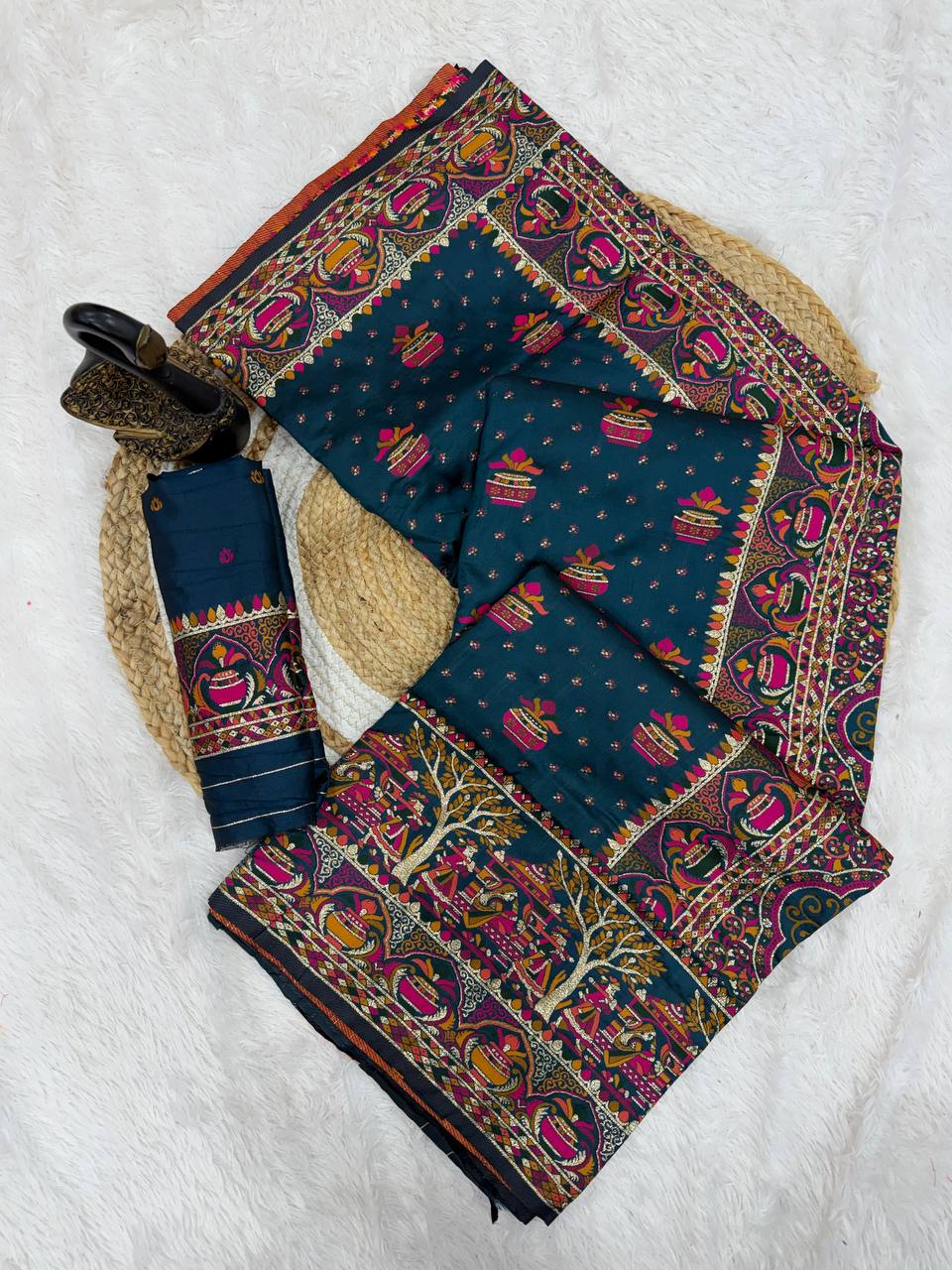Premium Rama Embroidered Festive saree with Colorful Traditional Motifs & Detailed Border Work