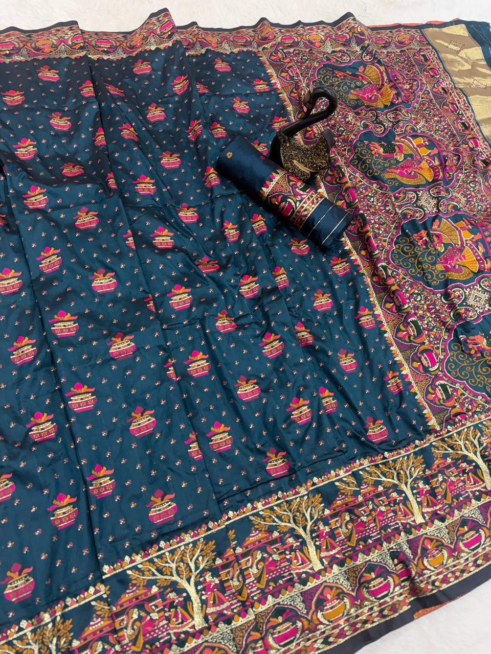Premium Rama Embroidered Festive saree with Colorful Traditional Motifs & Detailed Border Work