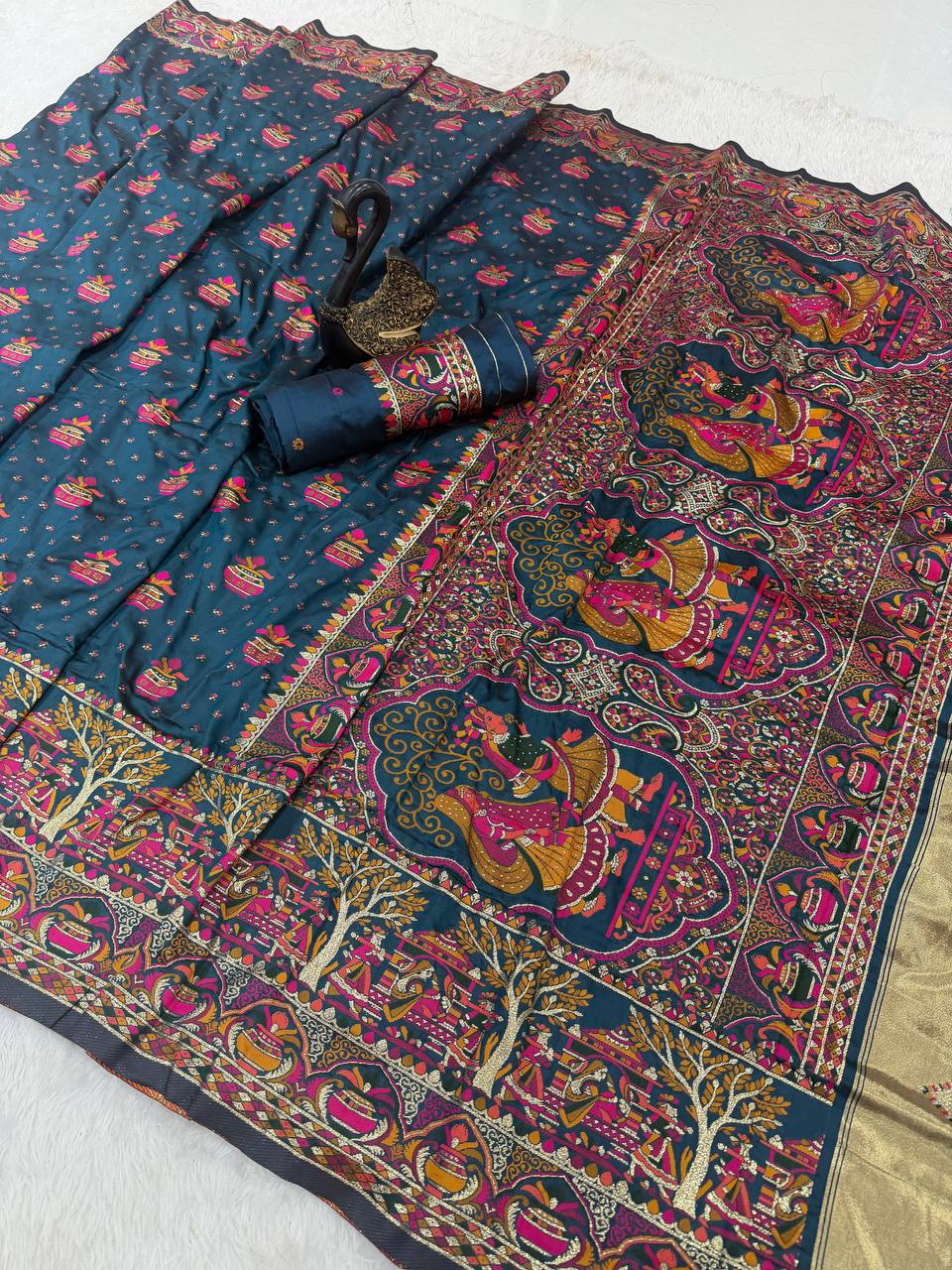 Premium Rama Embroidered Festive saree with Colorful Traditional Motifs & Detailed Border Work