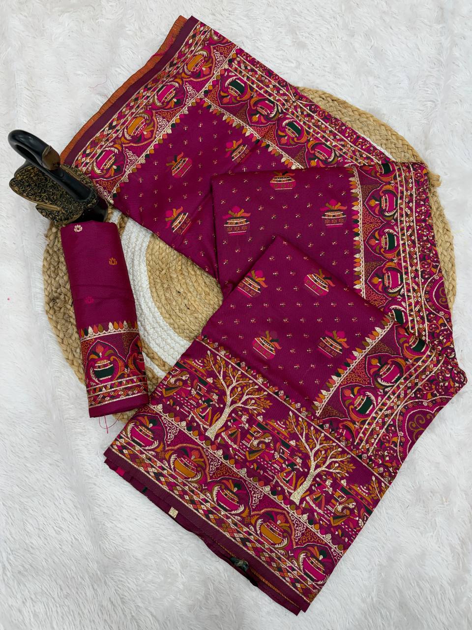 Premium Rani Pink Embroidered Festive saree with Colorful Traditional Motifs & Detailed Border Work
