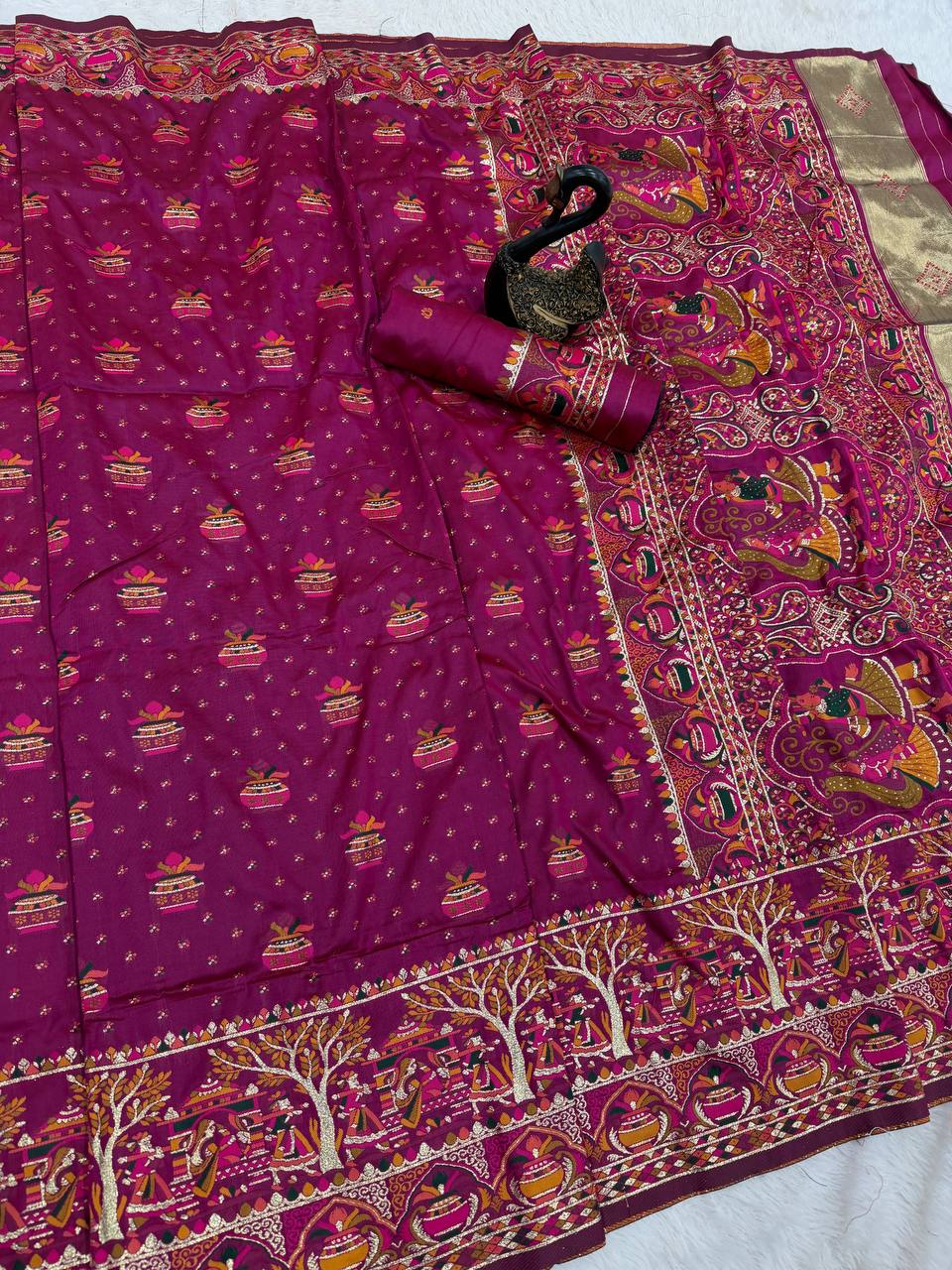 Premium Rani Pink Embroidered Festive saree with Colorful Traditional Motifs & Detailed Border Work
