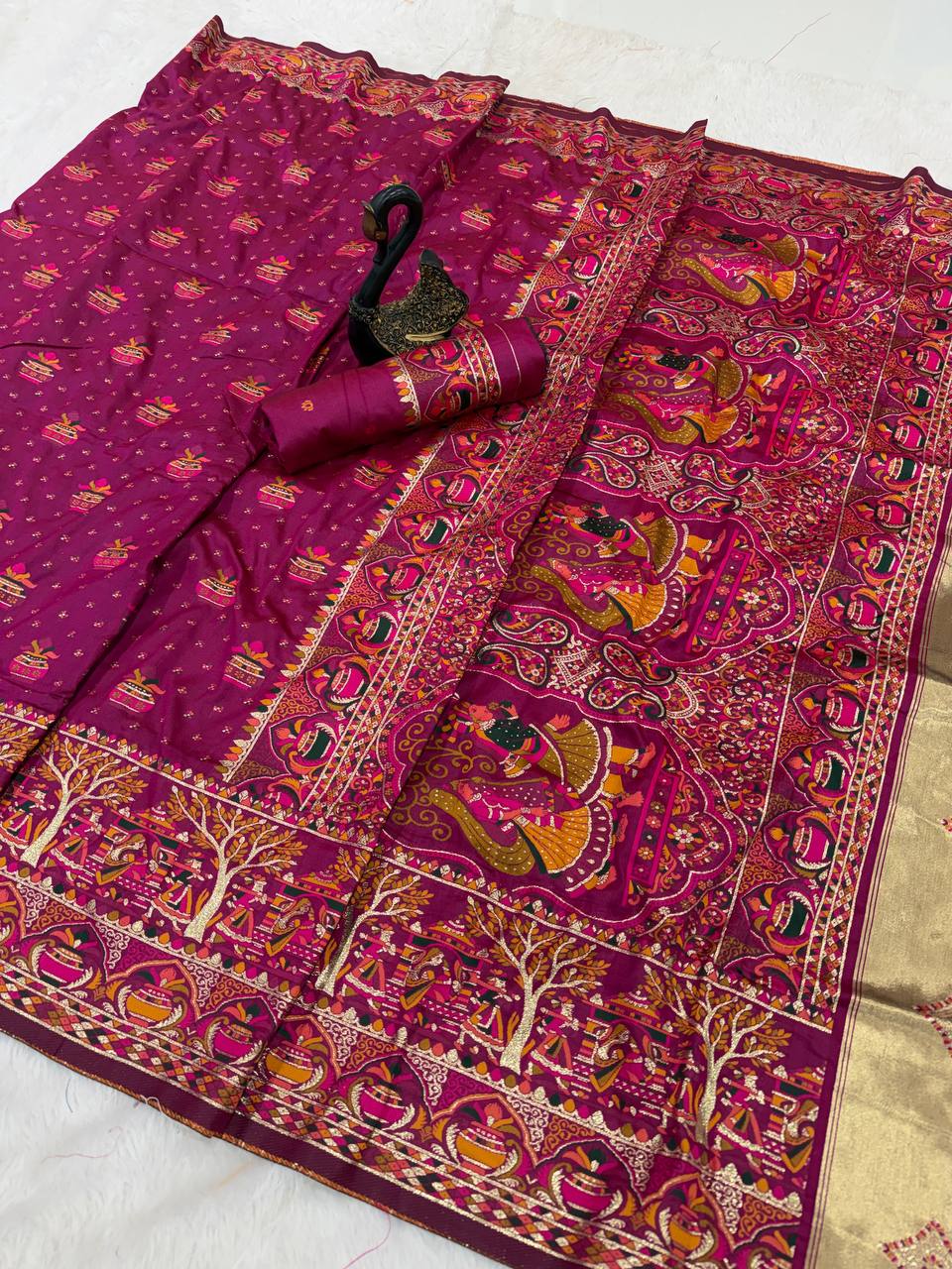 Premium Rani Pink Embroidered Festive saree with Colorful Traditional Motifs & Detailed Border Work