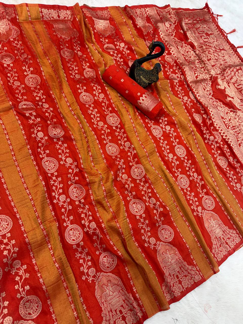Majestic ORANGE Banarasi Silk Saree with Intricate Meenakari-Style Zari Weaving