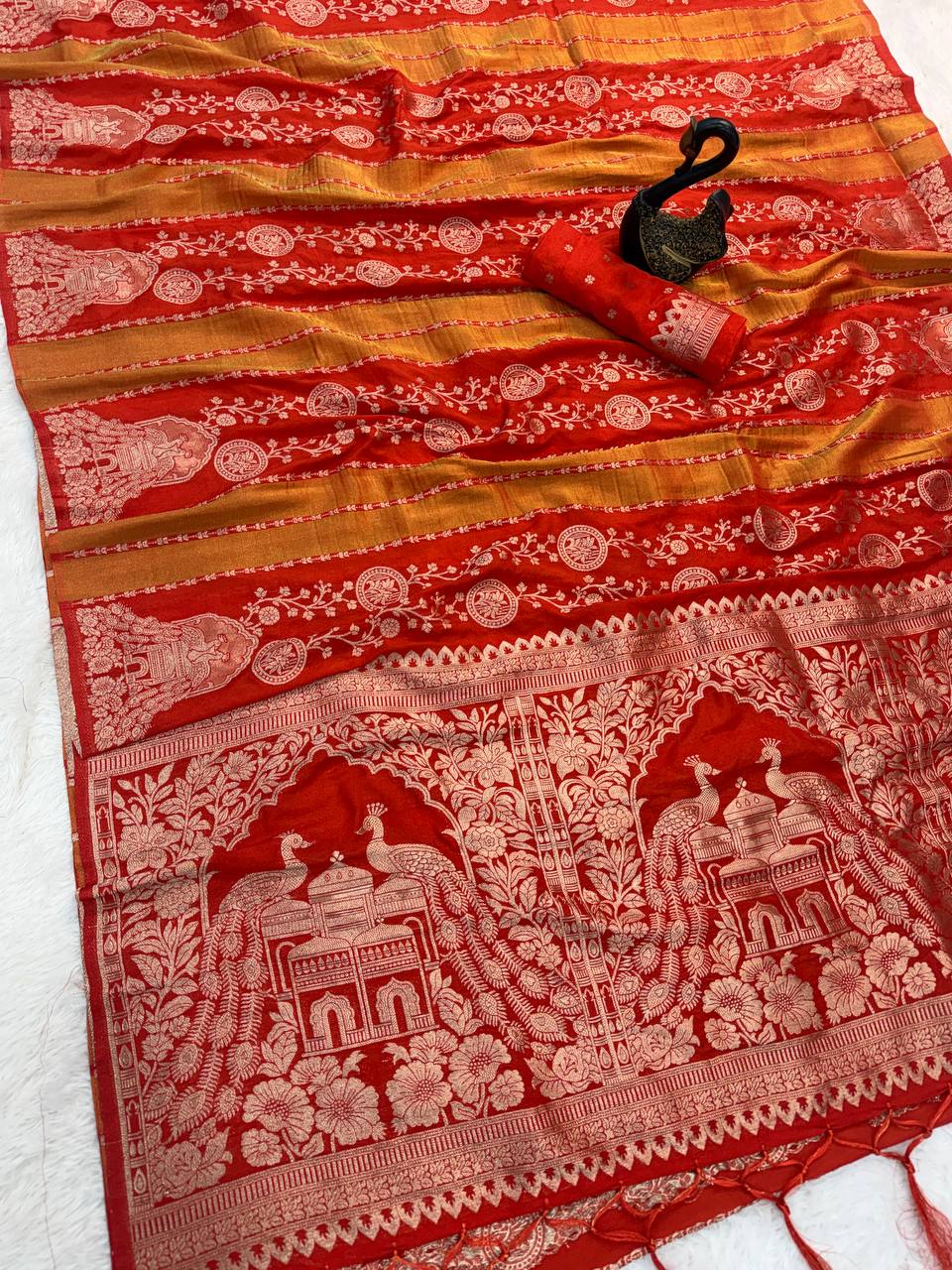 Majestic ORANGE Banarasi Silk Saree with Intricate Meenakari-Style Zari Weaving