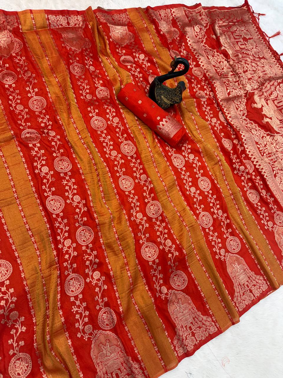 Majestic ORANGE Banarasi Silk Saree with Intricate Meenakari-Style Zari Weaving