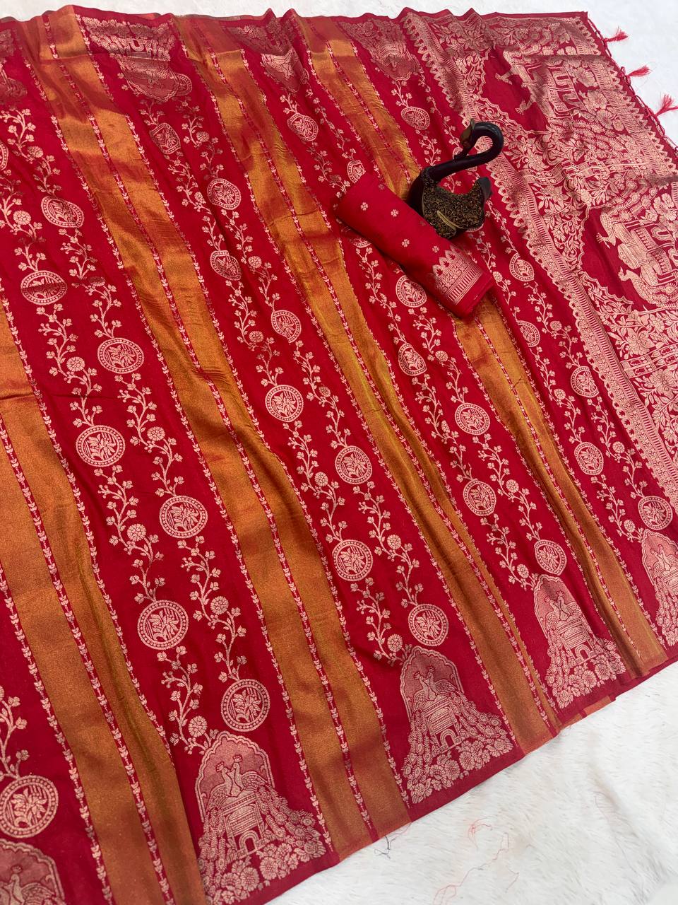 Majestic RED Banarasi Silk Saree with Intricate Meenakari-Style Zari Weaving