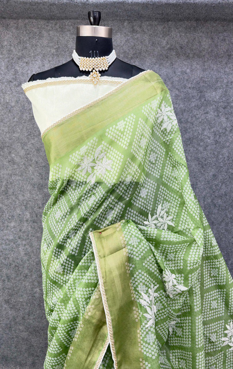 Elegant Printed Saree with Floral Buti Design  OLIVE GREEN & WHITE