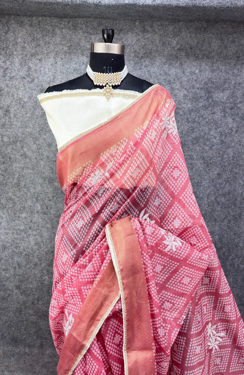 Elegant Printed Saree with Floral Buti Design  PINK & WHITE